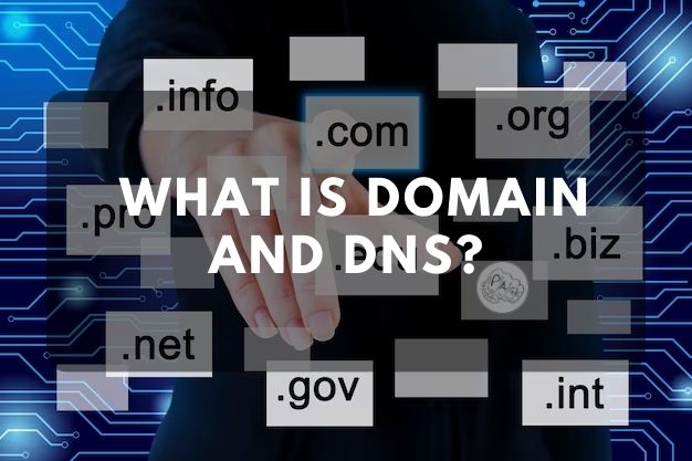 Illustration of a digital city with domains and DNS servers interconnected, representing the concept of domains and DNS on the internet.